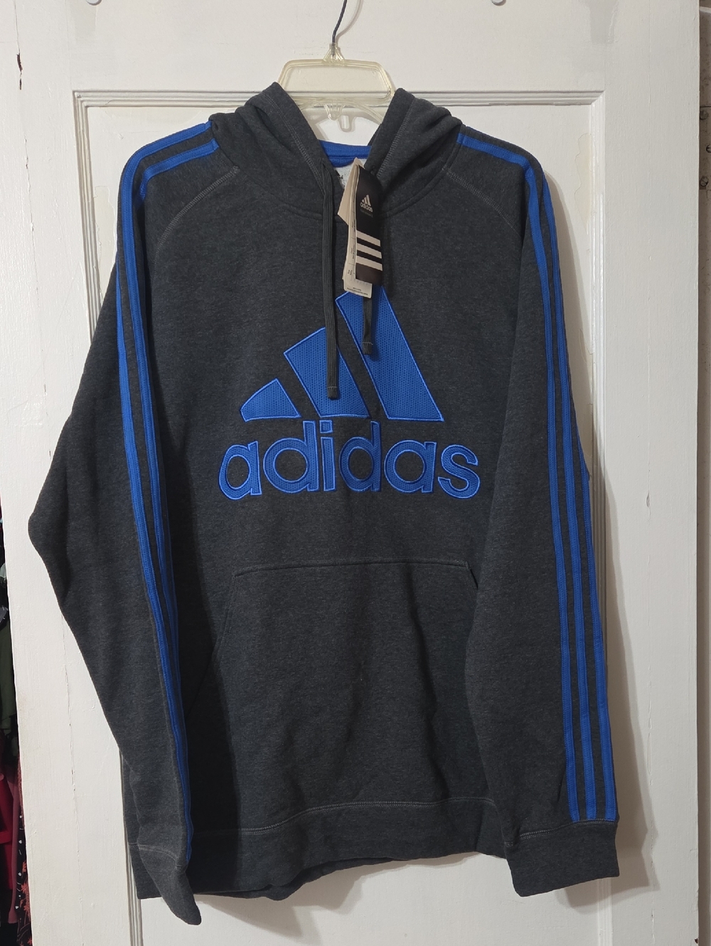 adidas Charcoal Heather Hoodie with Blue Logo & Stripes